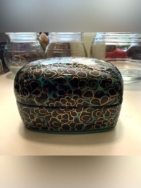 Handcrafted Kashmiri papier-mâché trinket box with lacquered finish gold, teal